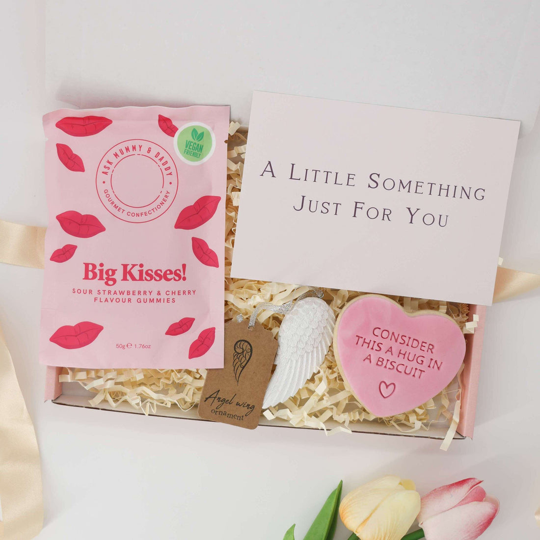 Hug In A Box – thinking of you gift with strawberry gummies, angel wing ornament, and comforting biscuit
