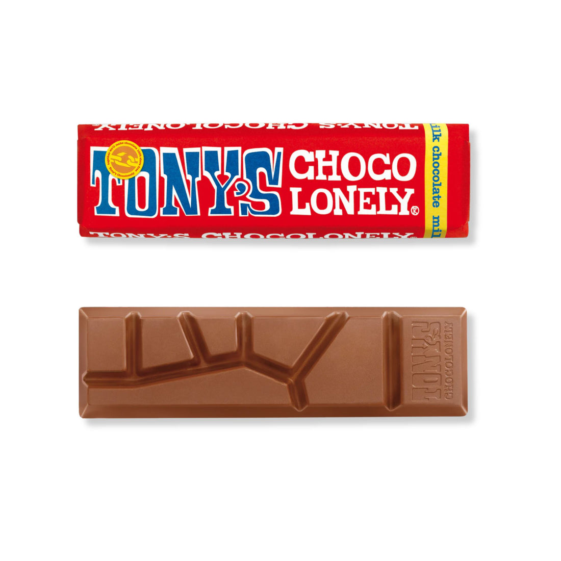 Close-up of Tonys Chocolonely Milk Chocolate 50g bar, featuring a bold red wrapper highlighting its 100% exploitation-free promise, with visible brand logo and text.