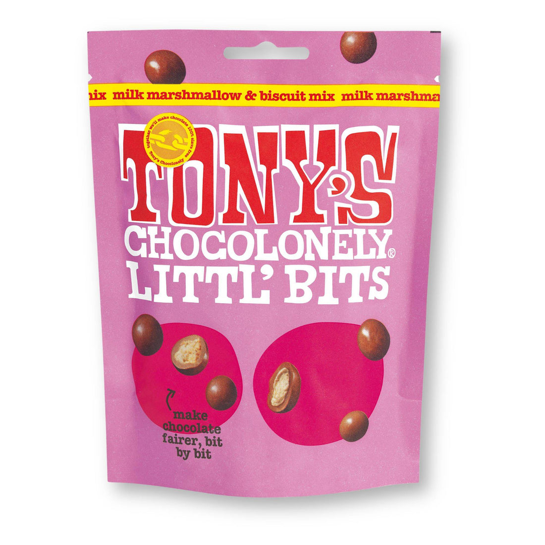 Tonys Chocolonely Milk Marshmallow &amp; Biscuit close-up; features milk chocolate-coated biscuit and marshmallow bites, emphasizing texture and ingredients. Suitable for vegetarians.