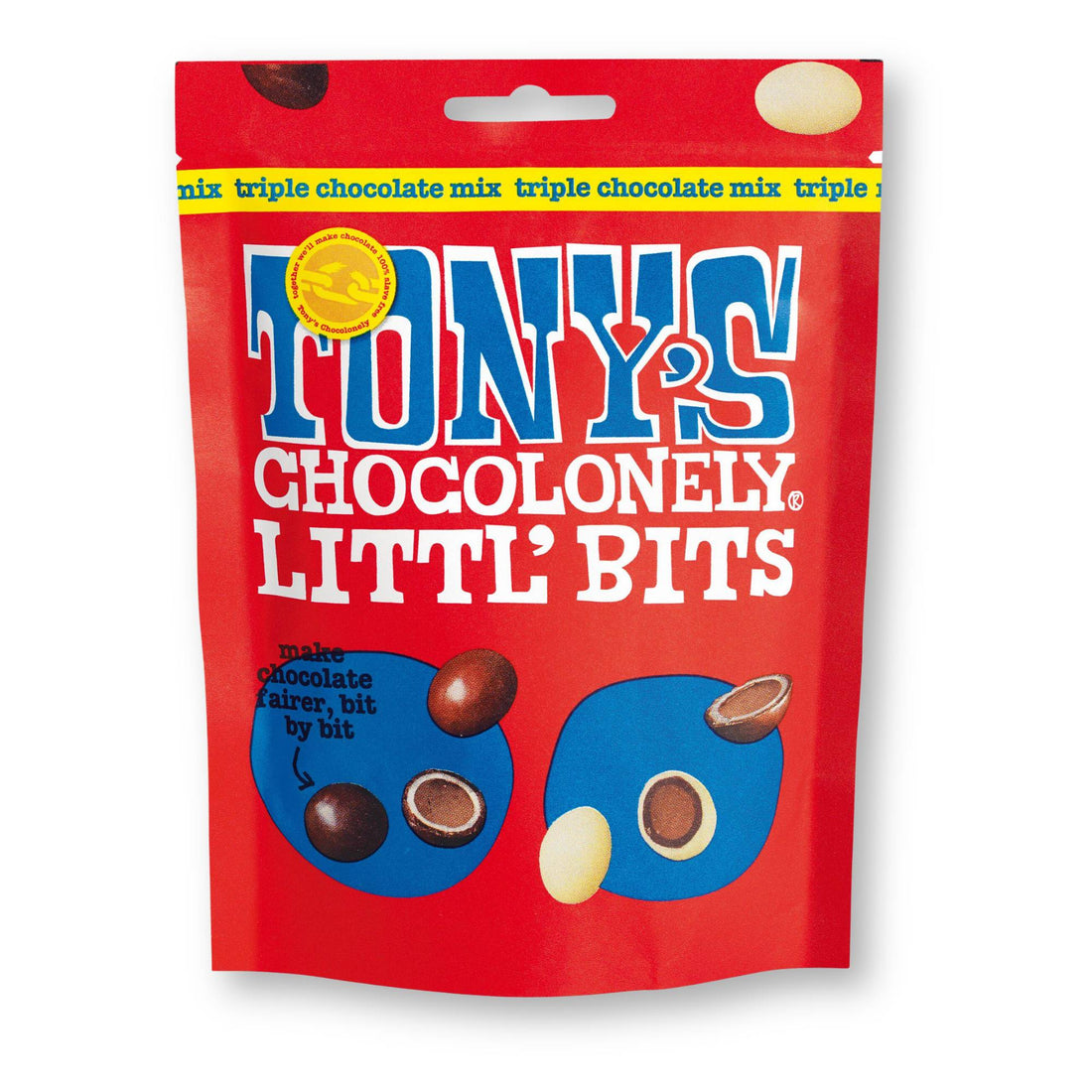 Tonys Chocolonely Triple Chocolate Mix: close-up of chocolate bites showcasing milk, white, and dark chocolate textures. Packaged in a 100g bag, suitable for vegetarians.