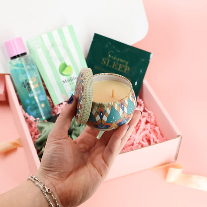 Selfcare gift – Tranquil Moments Gift Set For Her styled in luxury pink packaging with calming and cosy contents