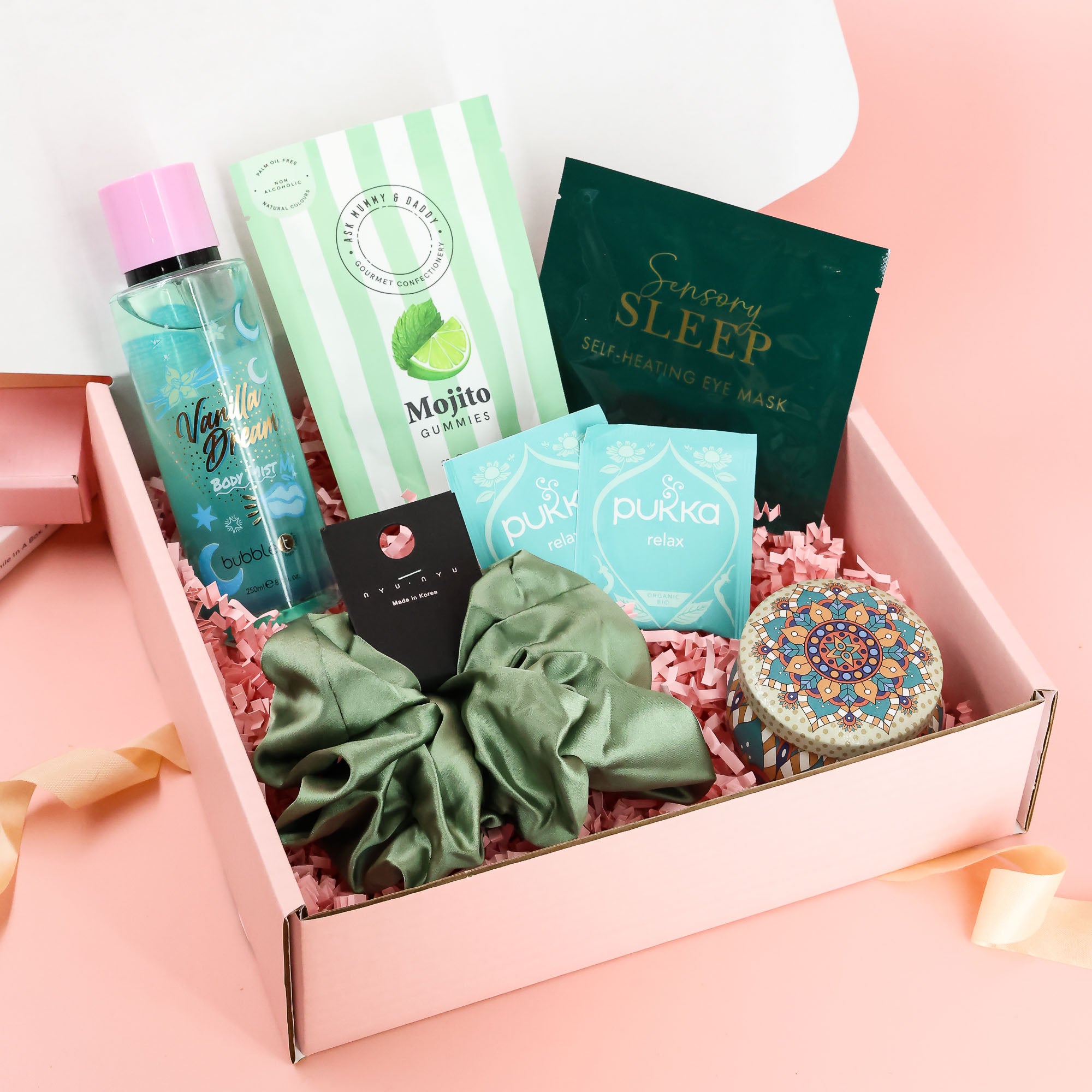 Selfcare gift – Tranquil Moments Gift Set For Her with sleep eye mask, Pukka Relax tea, satin scrunchie and mojito gummies