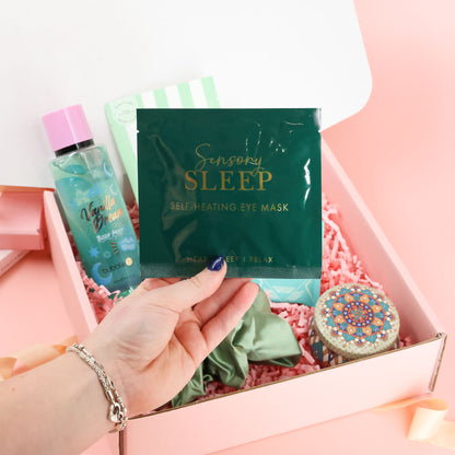 Selfcare gift – Tranquil Moments Box with sage green satin scrunchie, sensory sleep mask and soothing pamper items