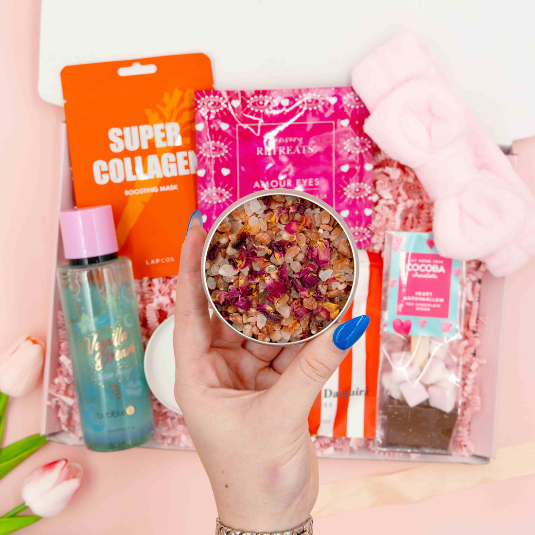 Treat Yourself Tonight gift box for her with luxury bath salts, collagen face mask, pamper headband, chocolate and sweets – self-care pamper hamper.