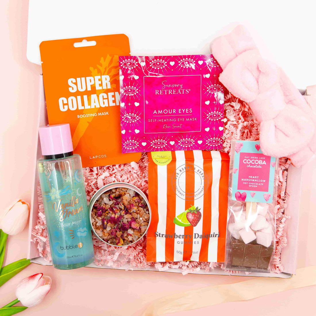 Treat Yourself Tonight gift box for her with luxury bath salts, collagen face mask, pamper headband, chocolate and sweets – self-care pamper hamper.