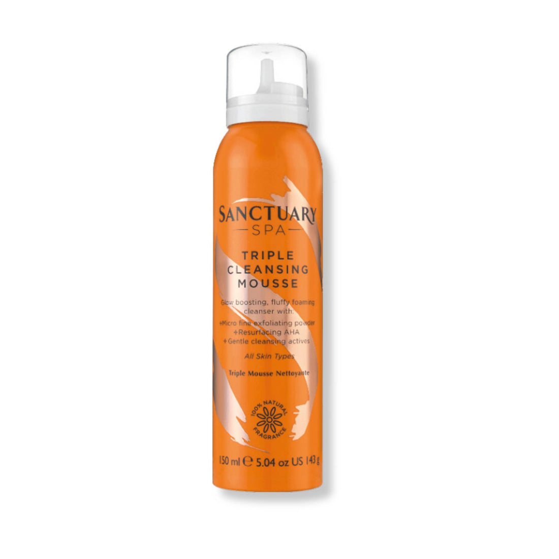 Close-up of a Triple Cleansing Mousse bottle from Sanctuary Spa, featuring a spray nozzle, emphasizing its vegan, cruelty-free formula with exfoliating and cleansing ingredients.