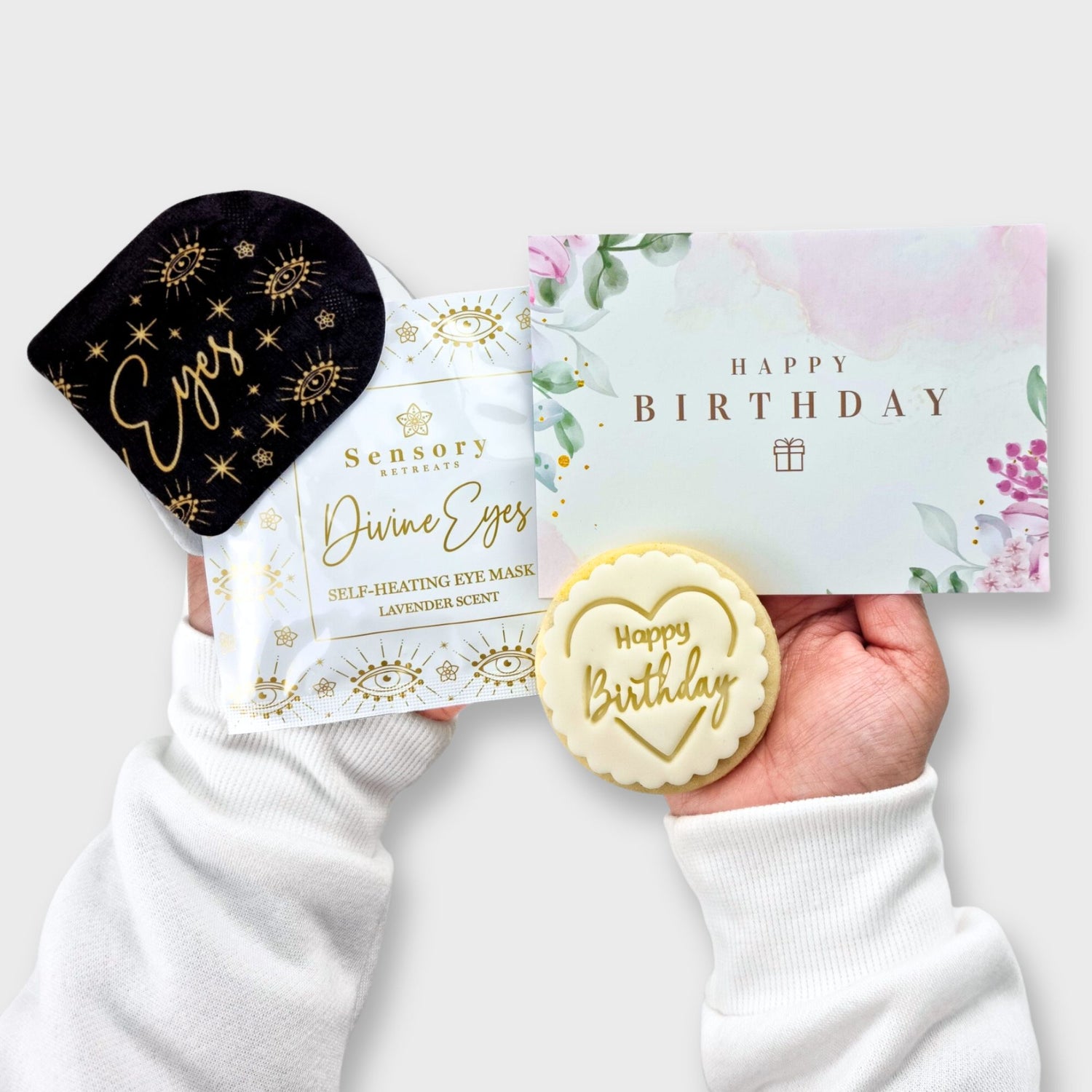 Mini birthday goft for her divine eye mask birthday card and happy birthday biscuit from heavenly boxes