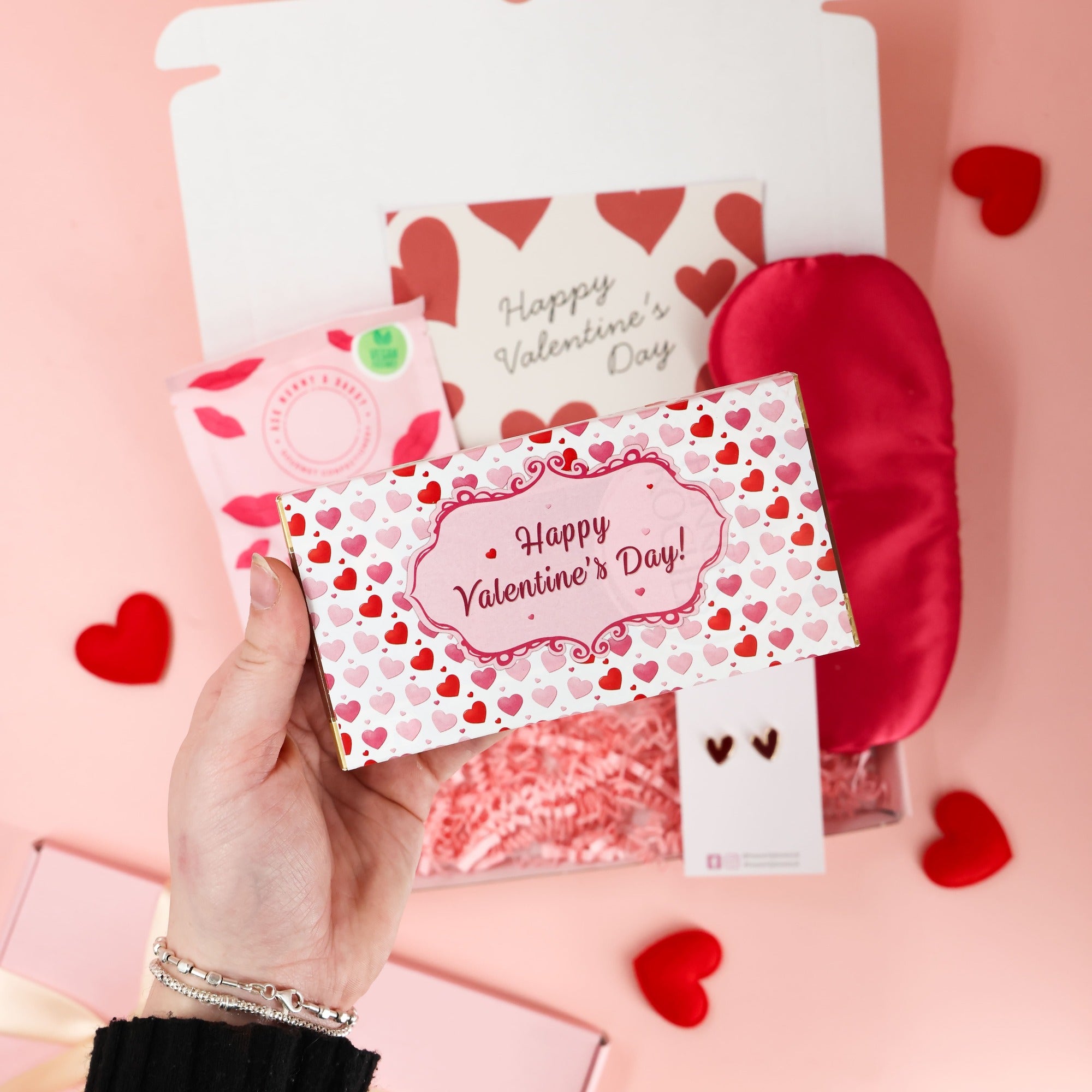Valentines gift box by Heavenly Boxes styled with love themed packaging and self care treats