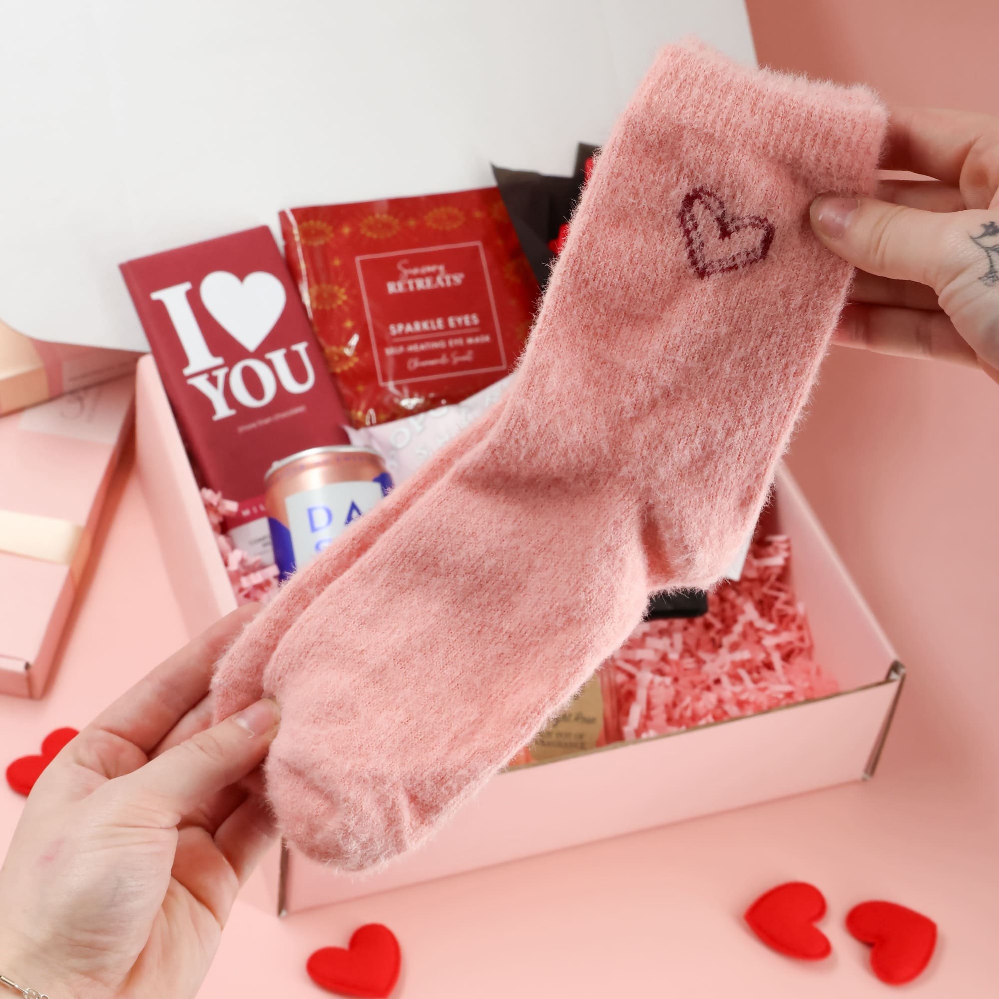 Forever Yours Valentines Gift Box by Heavenly Boxes with rose arrangement, cosy socks and sweet treats
