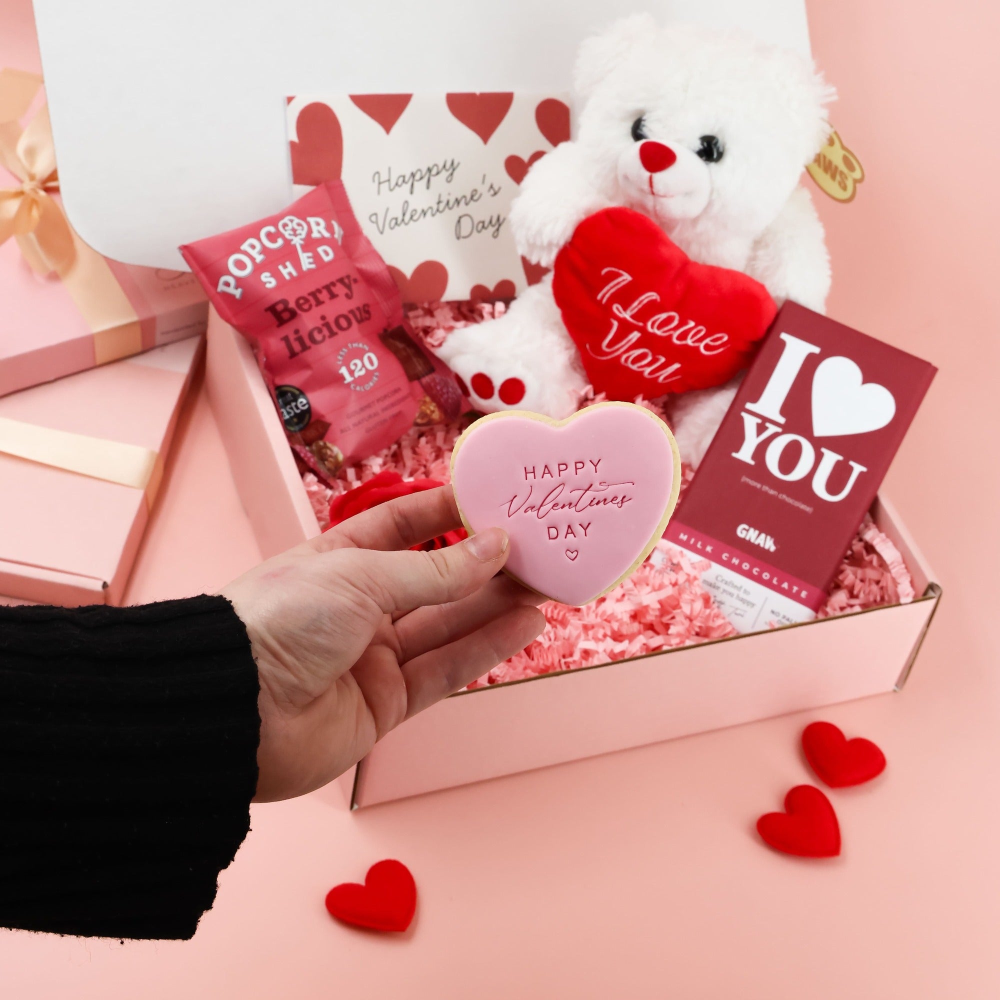 Love You With All My Heart valentines gift for her filled with teddy, chocolate and romantic details