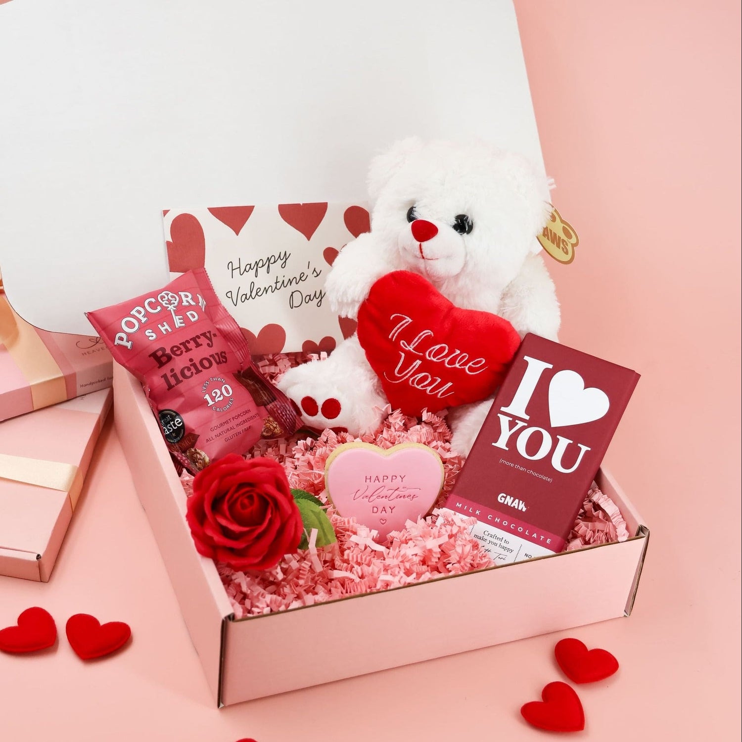 Love You With All My Heart Valentines Gift Box by Heavenly Boxes with teddy bear, chocolate and rose soap flower