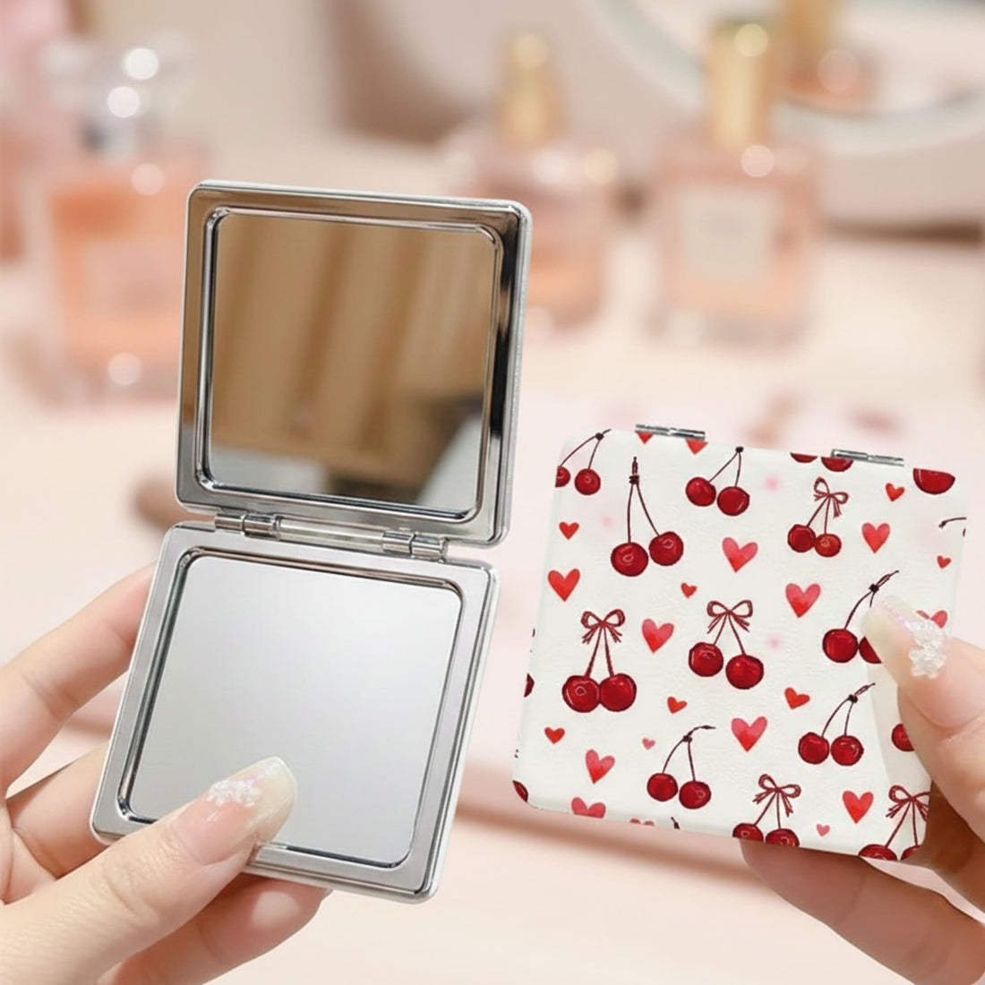 Valentines gift Cherry &amp; Hearts Compact Travel Mirror combining style and practicality.