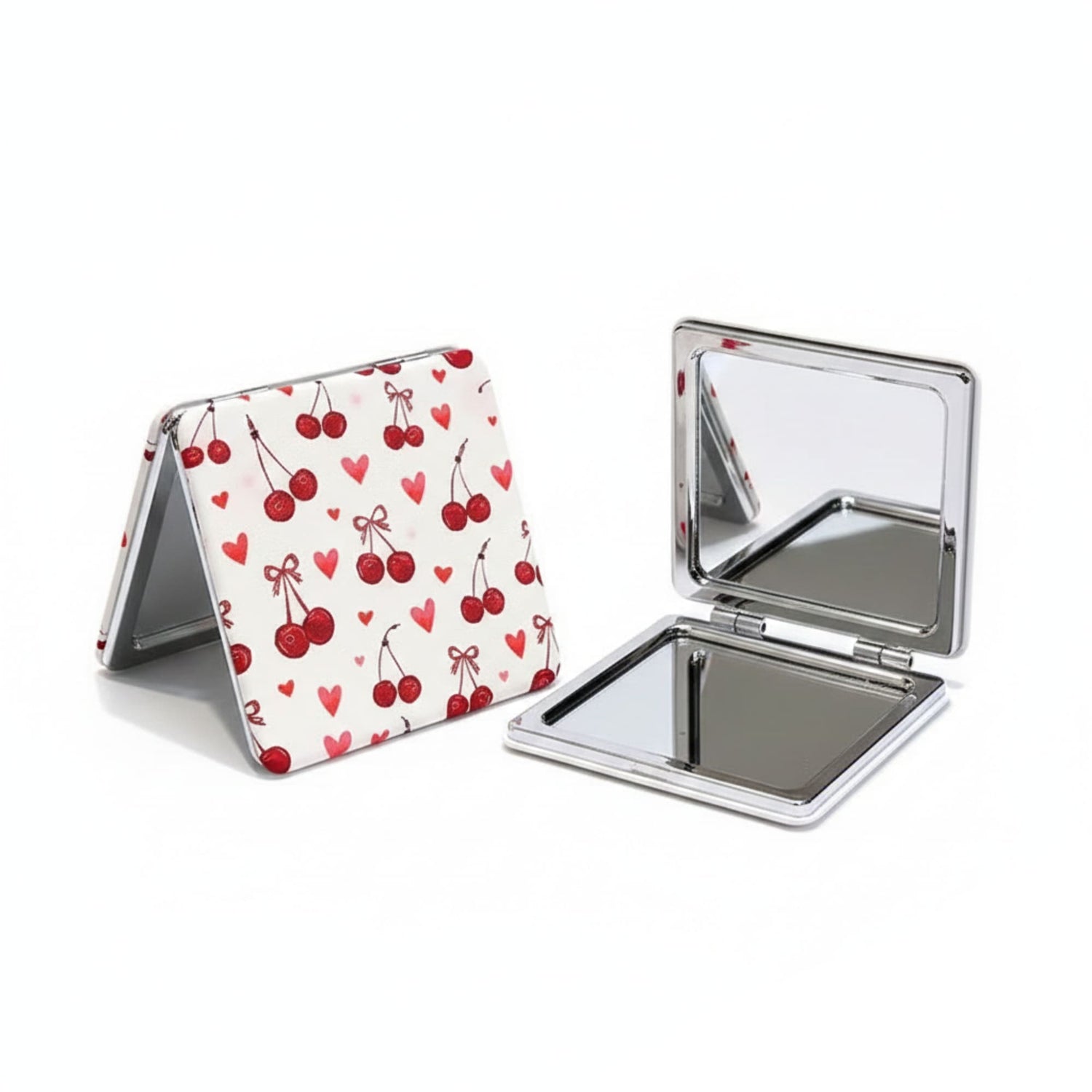 Valentines gift Cherry &amp; Hearts Compact Travel Mirror designed for everyday touch-ups.