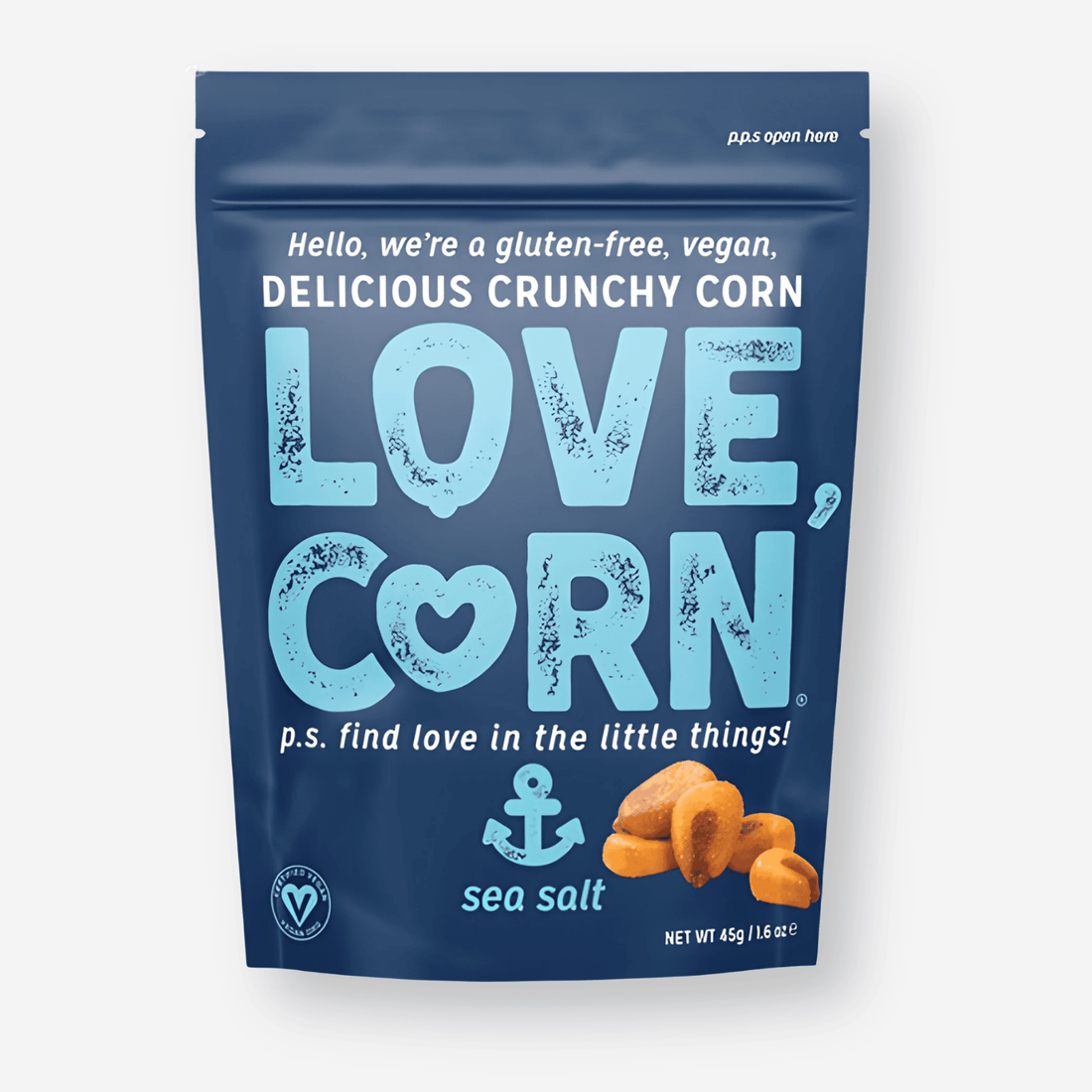 Love Corn Sea Salt snack package with visible text next to corn and mixed nuts, highlighting its crunchy, gluten-free nature and vegan-friendly appeal.