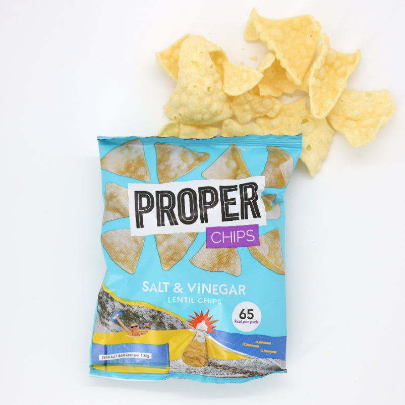 Salt & Vinegar Lentil Chips: A bag showcasing these tangy, crispy chips, perfect for a satisfying, guilt-free snack with bold flavor and vegan-friendly ingredients.
