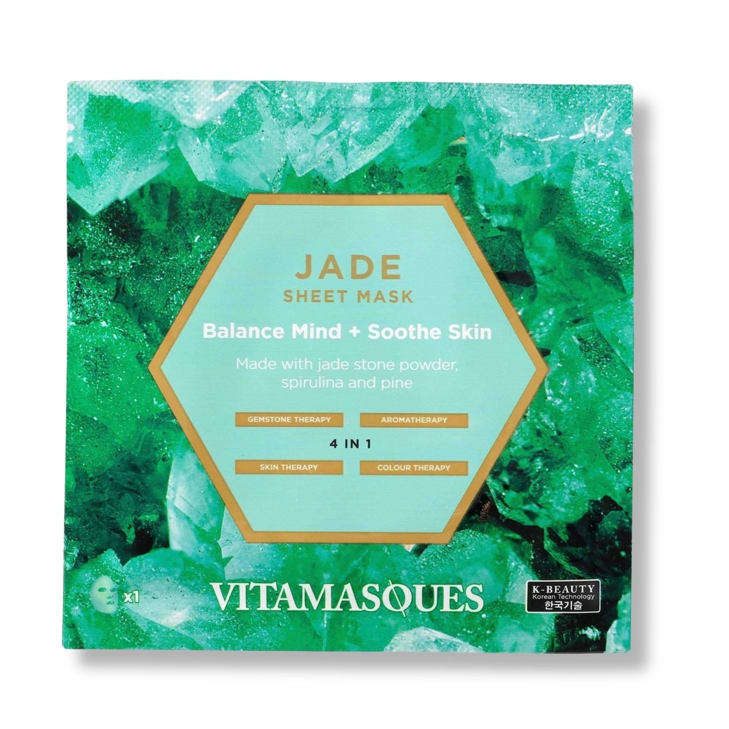 Vitamasques Jade Sheet Mask close-up, showcasing its logo and text, highlights its hydrating and calming properties for a spa-like self-care experience.