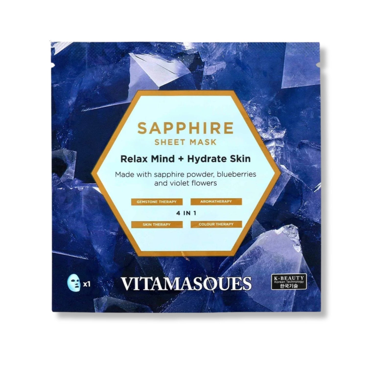 Vitamasques Sapphire Sheet Mask in blue packaging with white text, featuring a blue and gold mask designed to hydrate and soothe the skin.