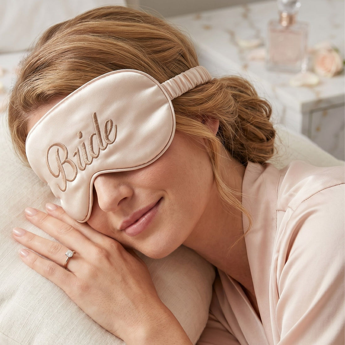Bride gifts – luxury satin sleep mask embroidered with bride text for relaxation