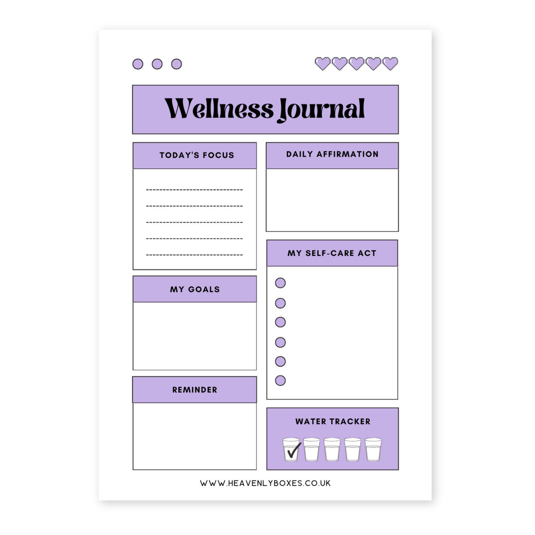 Wellness Journal with lined pages for goal setting, self-care activities, and hydration tracking, featuring an organized layout for daily reflection and positive habits.