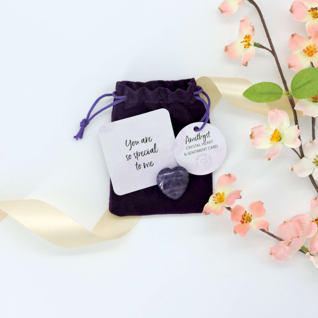 You Are Special Amethyst Crystal &amp; Card set: polished amethyst heart and sentiment card in a velvet pouch, ideal as a meaningful wedding favor.