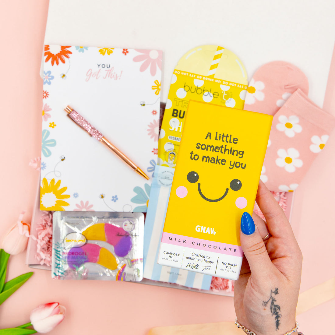 You’ve Got This Box – positive gift for her with uplifting chocolate bar, floral stationery, self-care treats and socks, thoughtful cheer-up present.