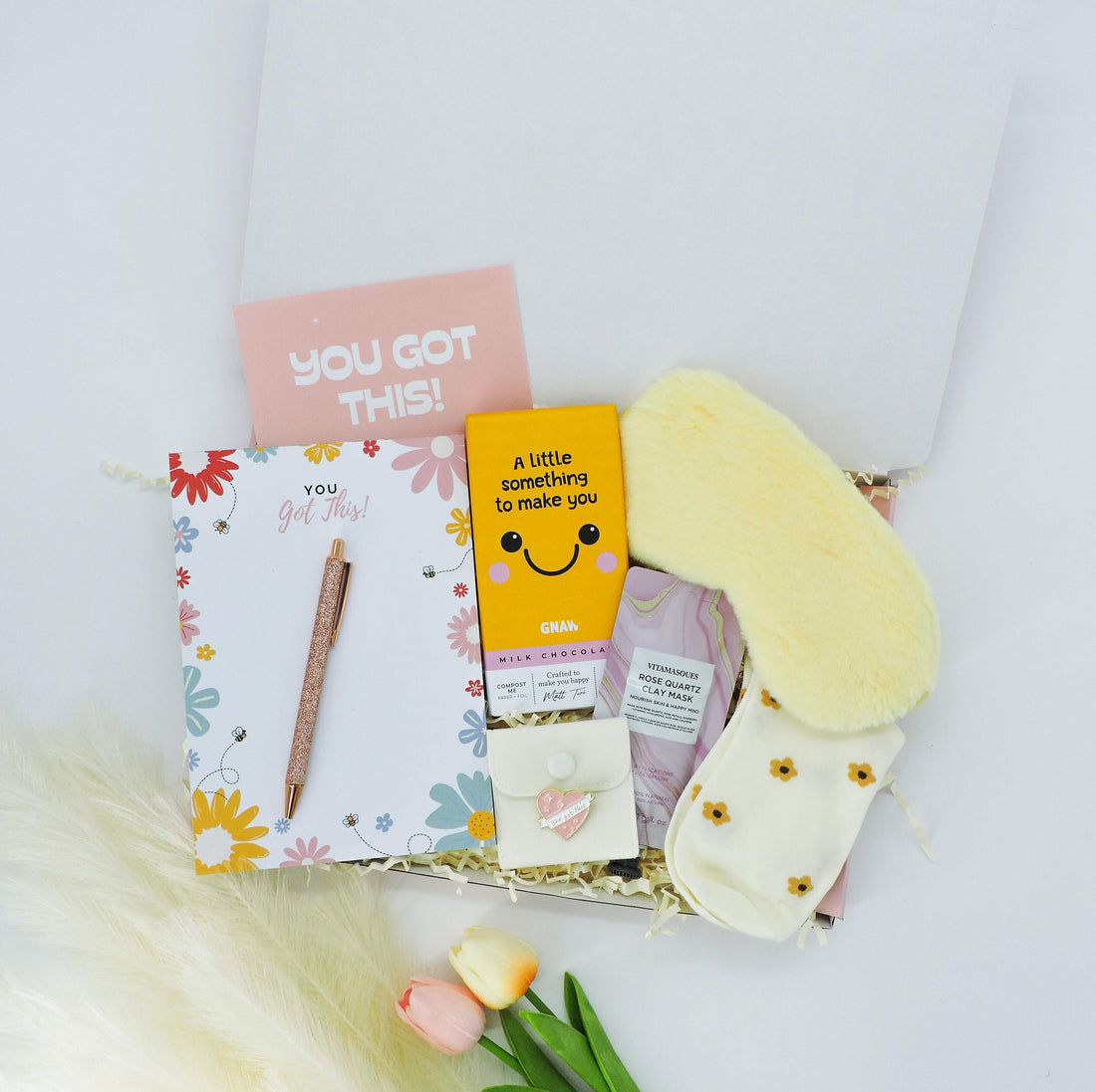 You’ve Got This Gift Box – exam good luck gifts with cheerful chocolate, fluffy socks, and a clay mask