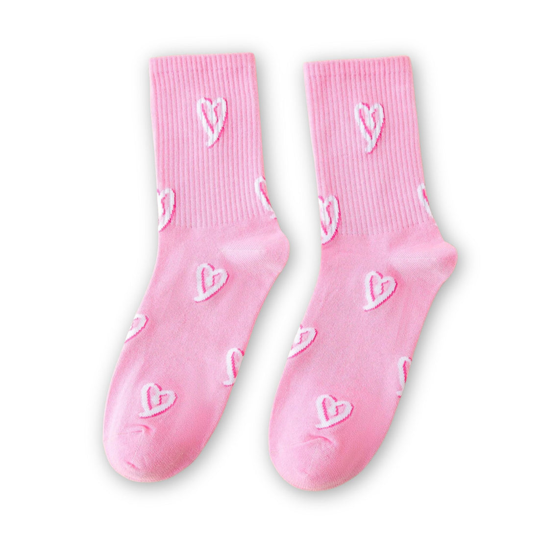 Heart Print Socks - Pink featuring embroidered white hearts on a soft background, perfect for adding a playful touch to any gift box.