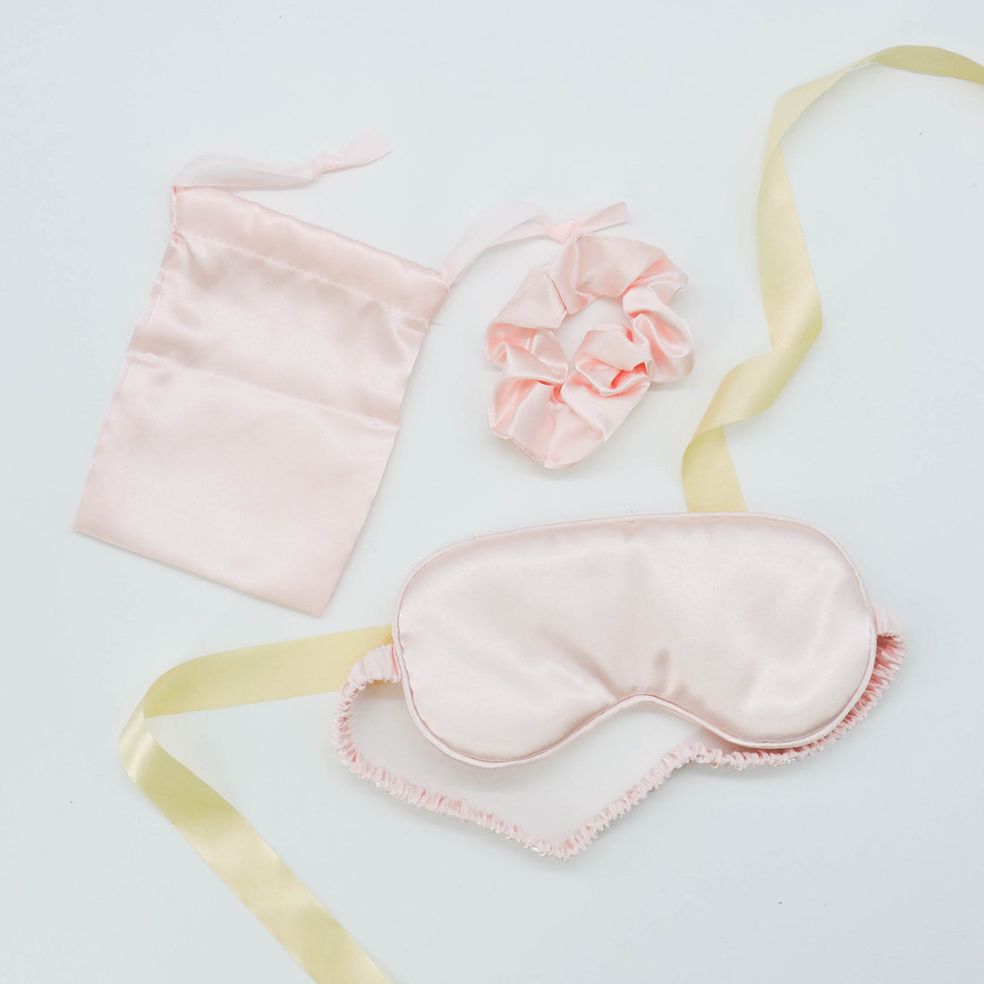 Pink Silk Eye Mask &amp; Scrunchie Set - Beauty Sleep Duo, featuring a soft eye mask and matching scrunchie for luxurious bedtime comfort and style.