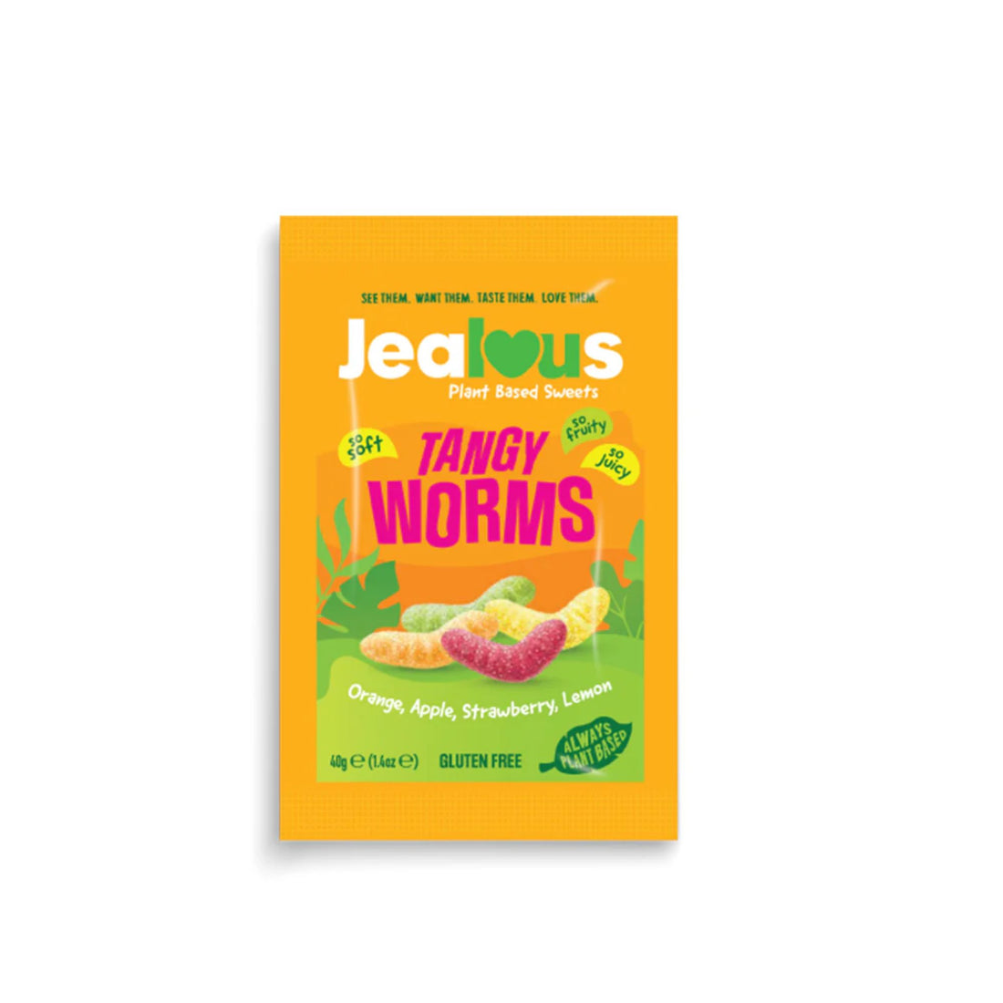 Tangy Worms Vegan Sweets package featuring a fruity worm illustration, promoting a plant-based, gluten-free treat for guilt-free, tangy snacking enjoyment.