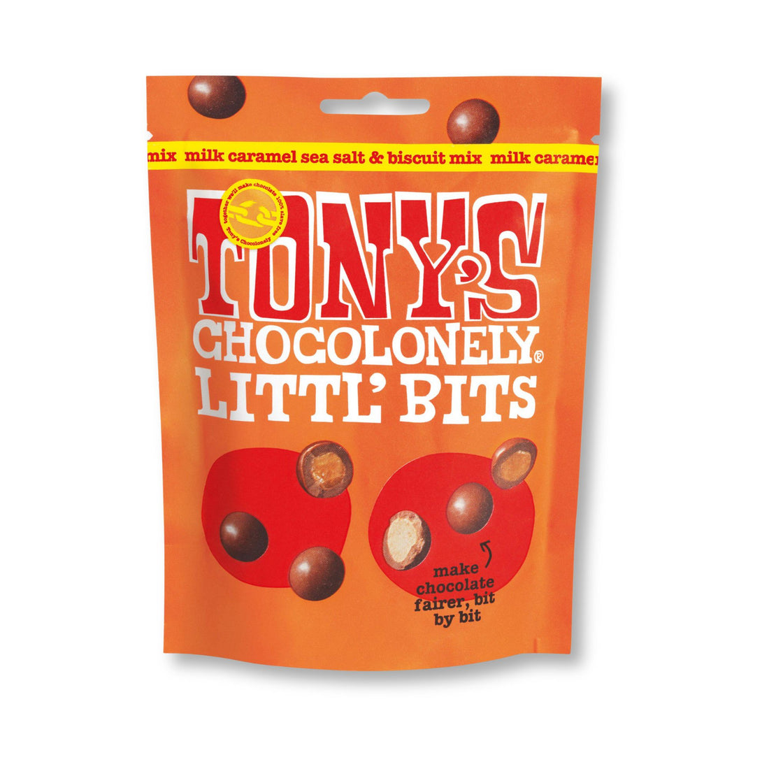 Tonys Chocolonely Little Bites in a 100g bag, featuring a mix of toffee sea salt and biscuit bites, covered in milk chocolate. Suitable for vegetarians.