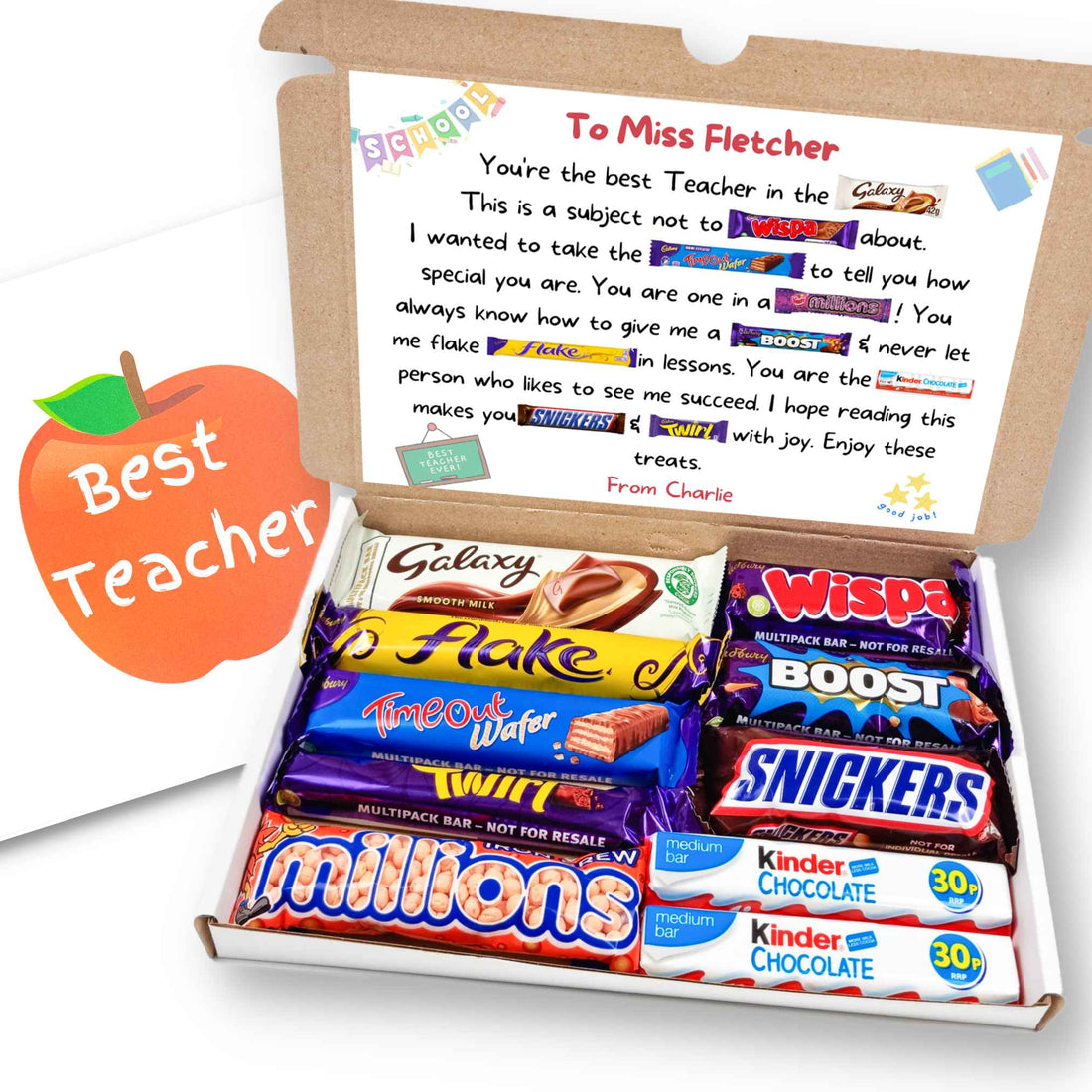 Teachers Chocolate Poem gift box, featuring a close-up of candy bars, ideal for expressing gratitude to educators with beloved chocolates and a heartfelt poem.